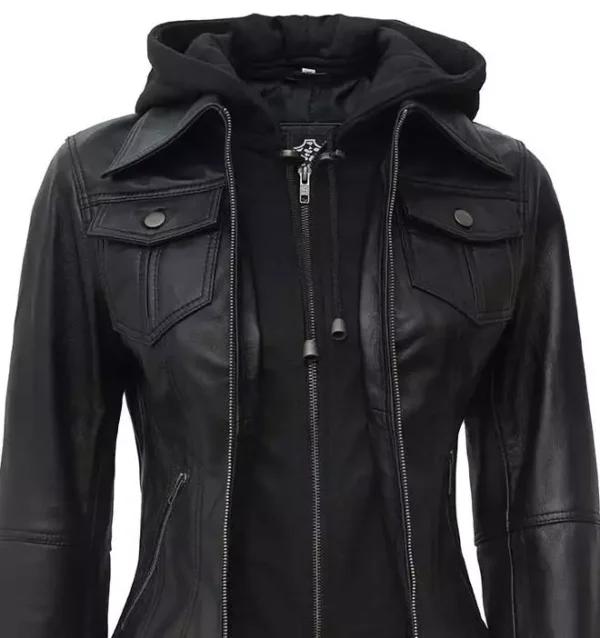 The Céleste: Womens Black Bomber Leather Jacket with Removable Hood - Image 3