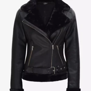 Agnes Asymmetrical Black Shearling Leather Jacket Womens
