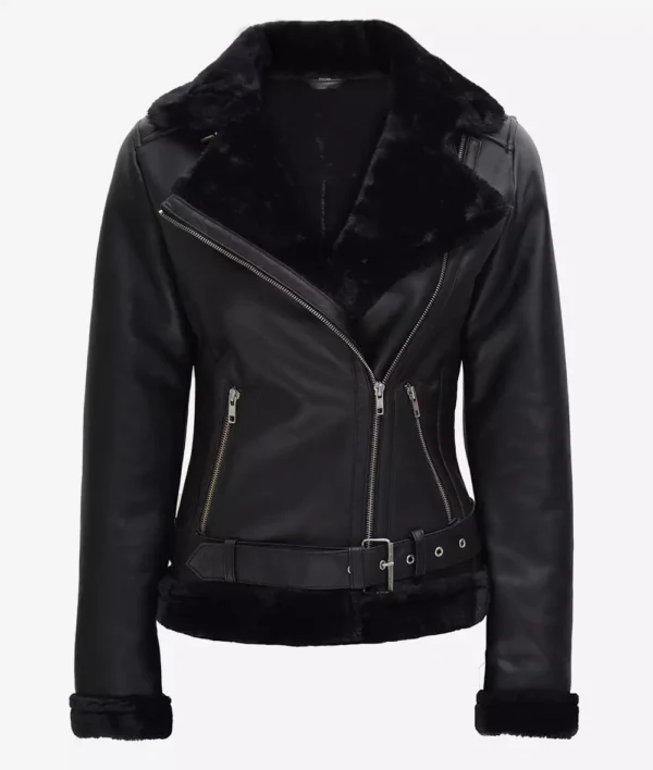 Agnes Asymmetrical Black Shearling Leather Jacket Womens