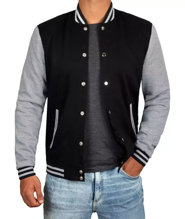 Men's Black Baseball Varsity Jacket with Grey Sleeves - Bomber Style - Image 2