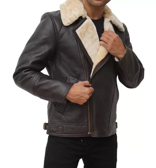 Men's Dark Brown Shearling Moto Leather Jacket - Image 2
