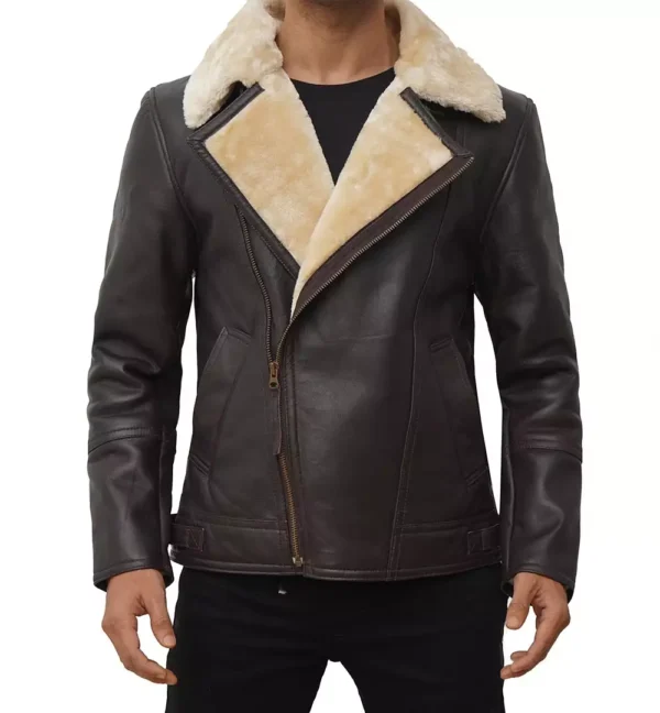 Men's Dark Brown Shearling Moto Leather Jacket - Image 3