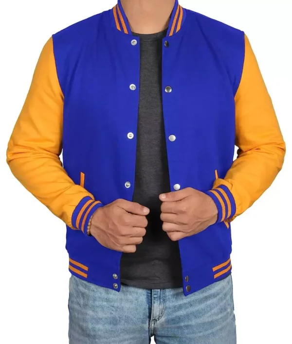 Mens Royal Blue Baseball Jacket with Yellow Sleeves