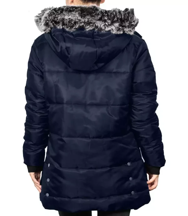 Ella Blue Women's Long Parka Puffer Jacket with Faux Fur Trim Hood - Image 6