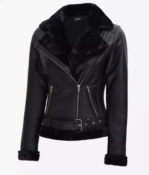 Agnes Asymmetrical Black Shearling Leather Jacket Womens - Image 3