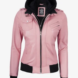 Womens Pink Hooded Bomber Leather Jacket