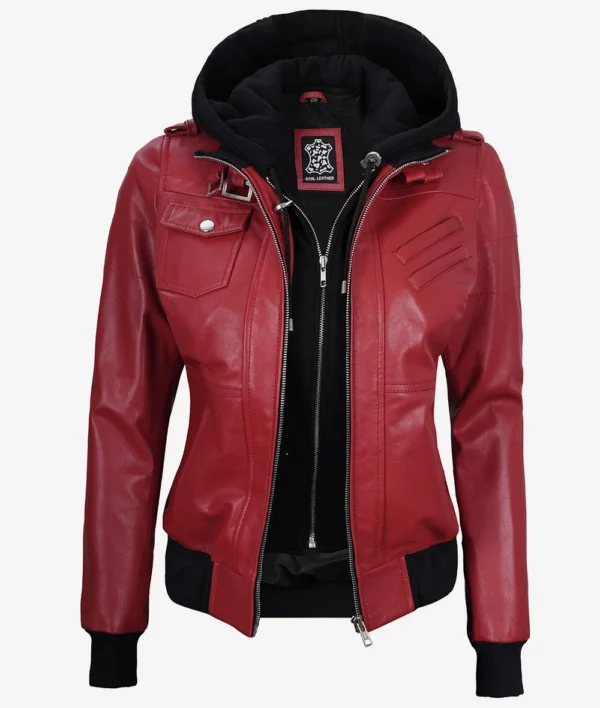 Womens Red Hooded Bomber Leather Jacket - Image 3