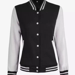 Women's White and Black Baseball-Style Varsity Letterman Jacket