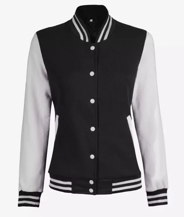 Women's White and Black Baseball-Style Varsity Letterman Jacket