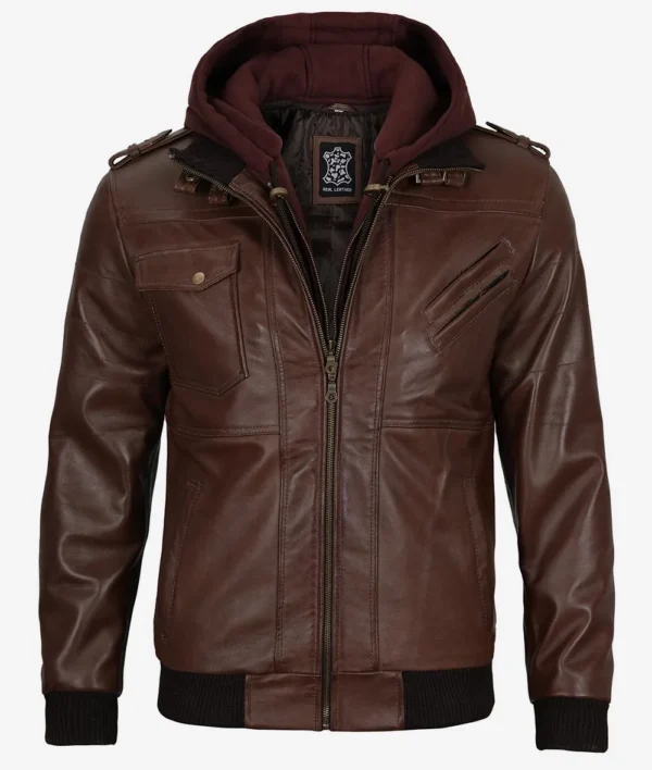 Mens Real Leather Dark Brown Bomber Jacket With Removable Hood