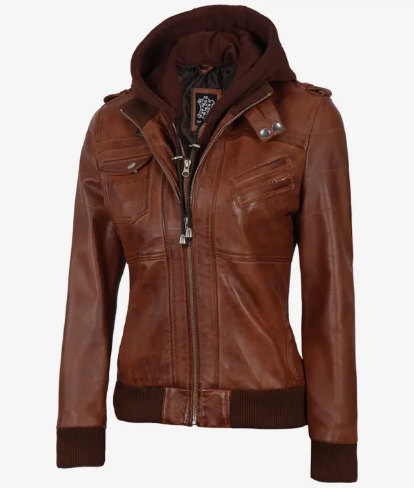 Womens Cognac Leather Bomber Jacket With Removable Hood - Image 5
