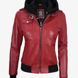Womens Red Hooded Bomber Leather Jacket