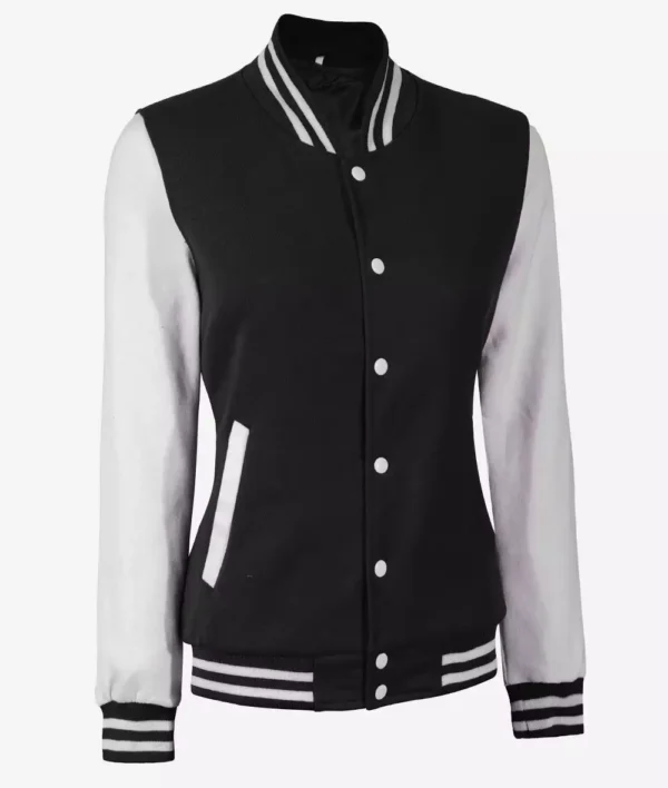 Women's White and Black Baseball-Style Varsity Letterman Jacket - Image 4