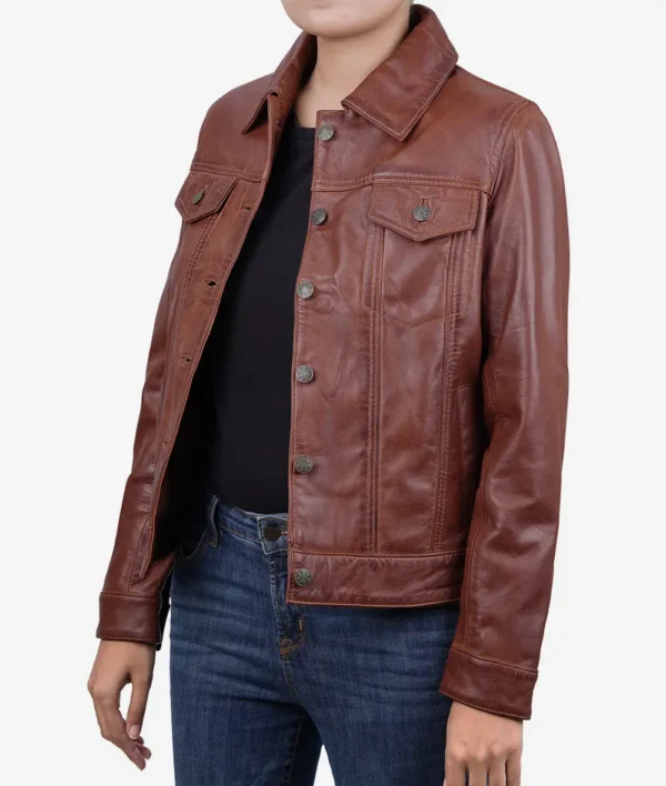 Womens Cognac Brown Trucker Leather Jacket - Image 3