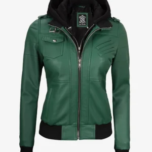 Womens Green Hooded Bomber Leather Jacket