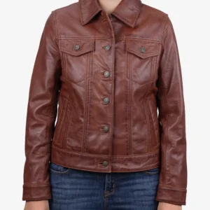 Womens Cognac Brown Trucker Leather Jacket